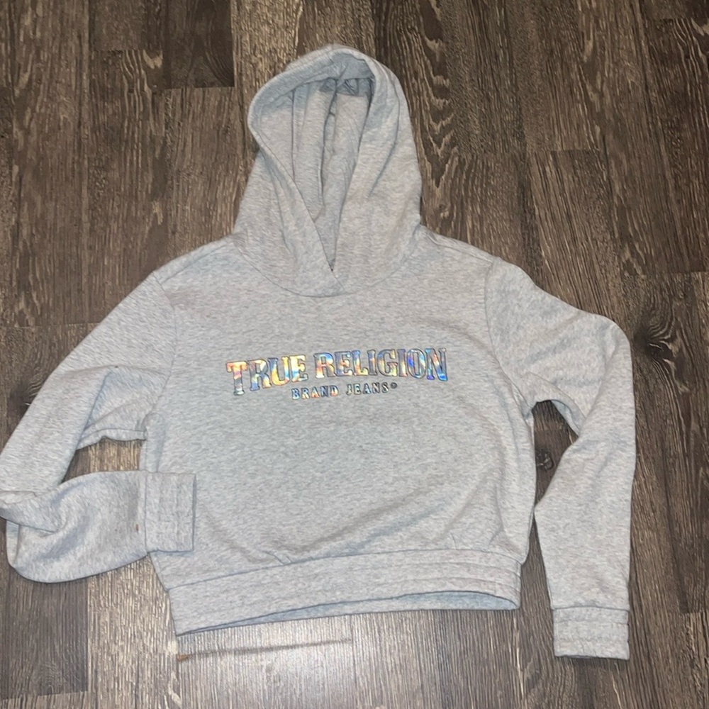 True Religion Iridescent Arch Logo Cropped Heather Grey Hoodie Size: M